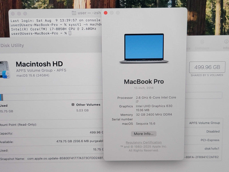 Apple Macbook Pro 2018 15" 6-Core i7-8850H @ 2.6GHz 32GB DDR4 500GB SSD