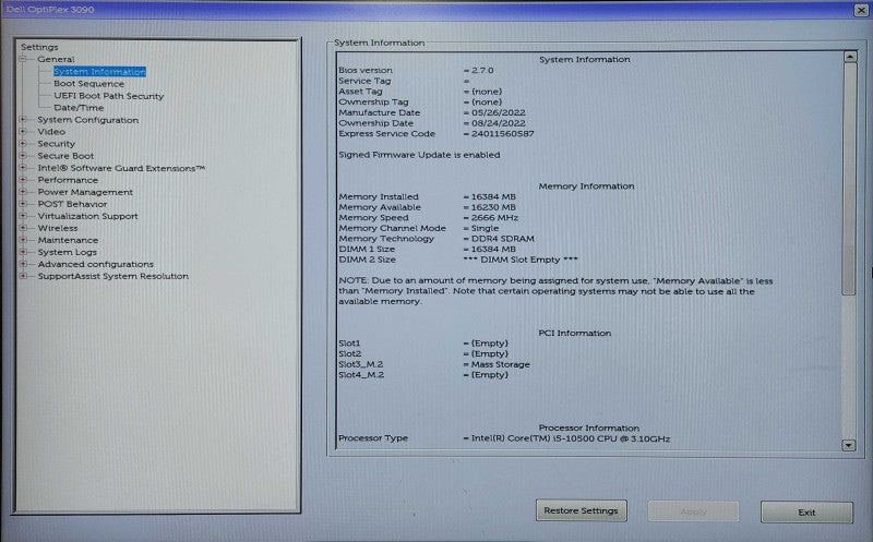 Dell OptiPlex 3090 SFF, i5-10500 3.10GHz, 16GB DDR4, 256GB NVMe