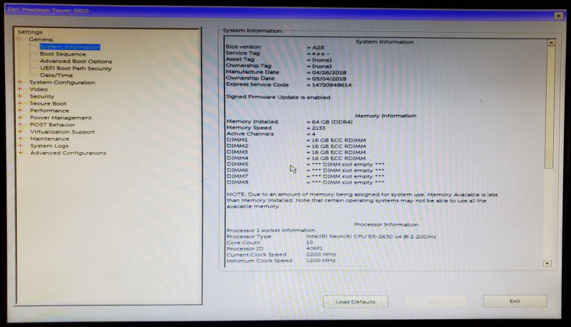 Dell Precision T5810 Xeon E5-2630 v4 64GB DDR4 - No HDD/GPU