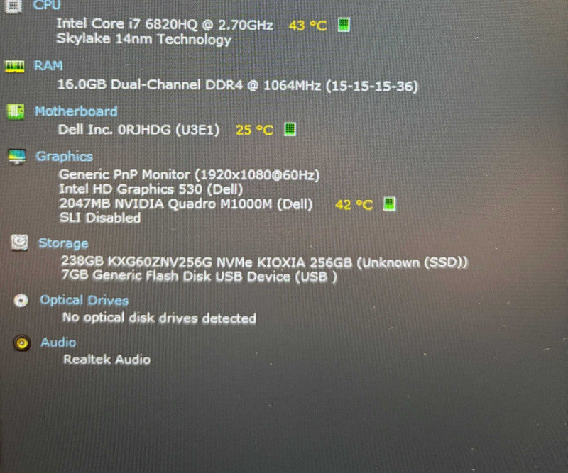 Dell Precision 7510 i7-6820HQ@2.7GHz QUADRO M1000M 2GB GPU 16GB RAM 256SSD  Lap200