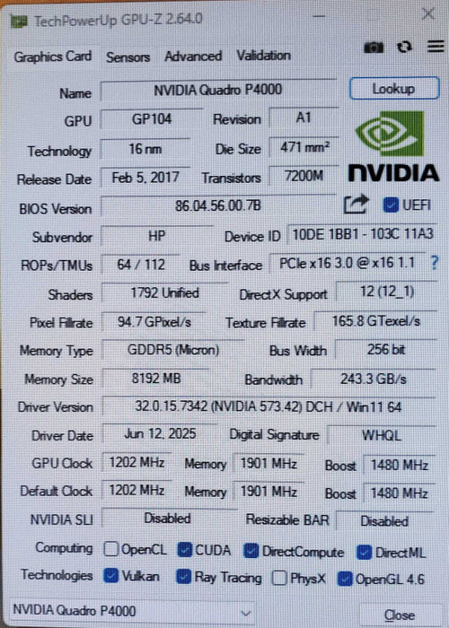 NVIDIA Quadro P4000 8GB GDDR5 Graphics Card 4x DisplayPort