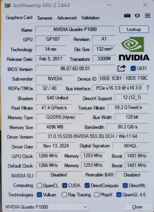 NVIDIA Quadro P1000 4GB GDDR5 Graphics Card 4x MiniDP - Low ProfIle