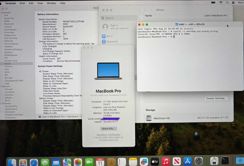 Apple MacBook Pro 13" 2018 i7-8559U 16GB 1TB Battery Service Recommended