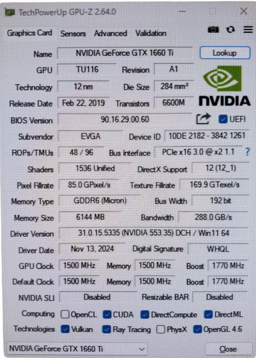 EVGA GeForce GTX 1660Ti 6GB GDDR6 Graphics Card 1xDP 1xDVI 1xHDMI
