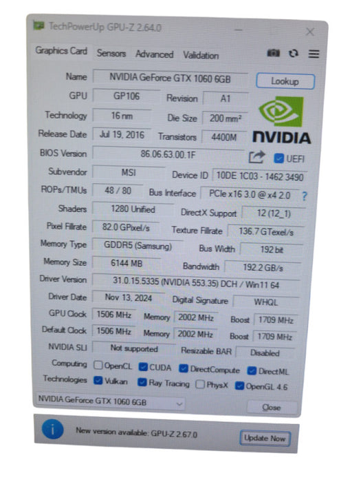 MSI NVIDIA GTX 1060 6GB PCIE %