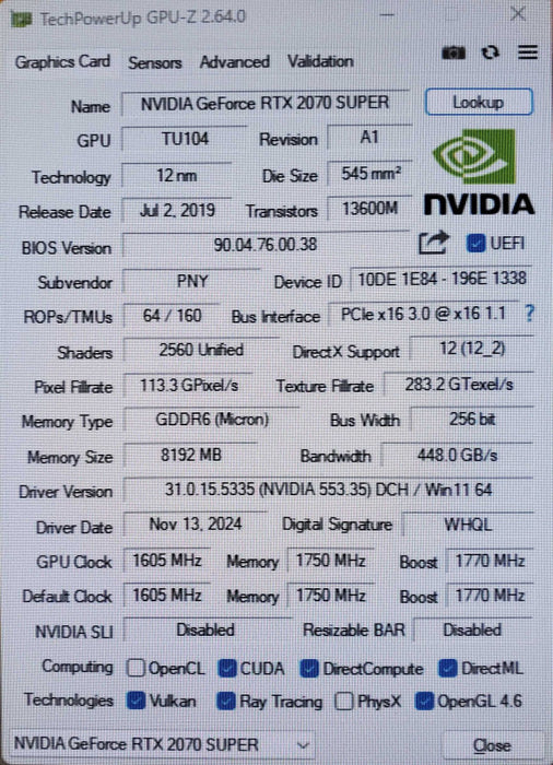 PNY Nvidia GeForce RTX 2070 Super 8GB GDDR6 GPU 1xHDMI 3xDP