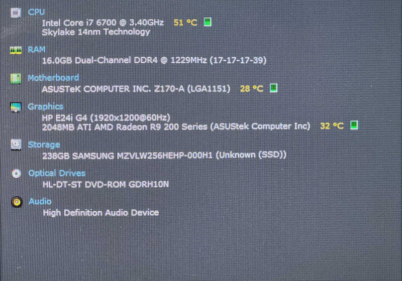 Custom PC, ASUS Z170-A, i7-6700 3.40GHz, 16GB DDR4, 256GB NVMe, R9 200