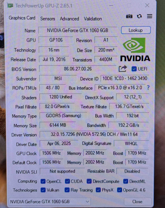 MSI NVIDIA GTX 1060 6GB Graphics Card | 3xDP, HDMI, DVI