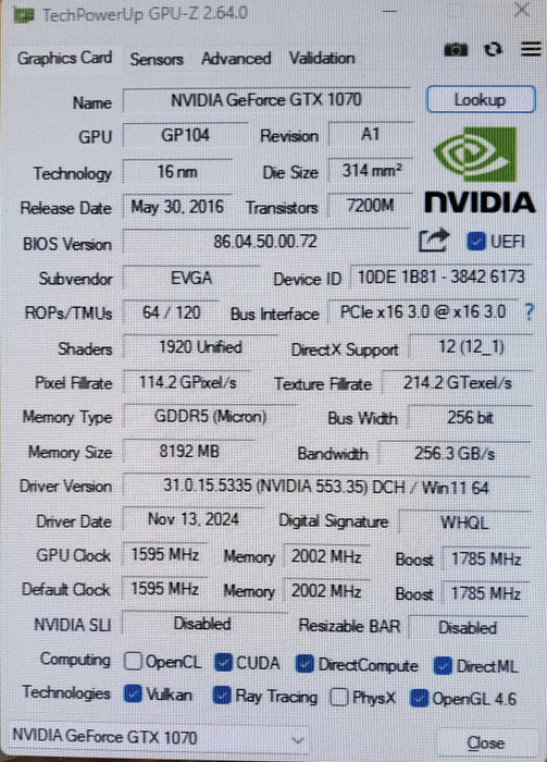 EVGA GeForce GTX 1070 SC 8GB Graphics Card 3xDP 1xDVI 1xHDMI