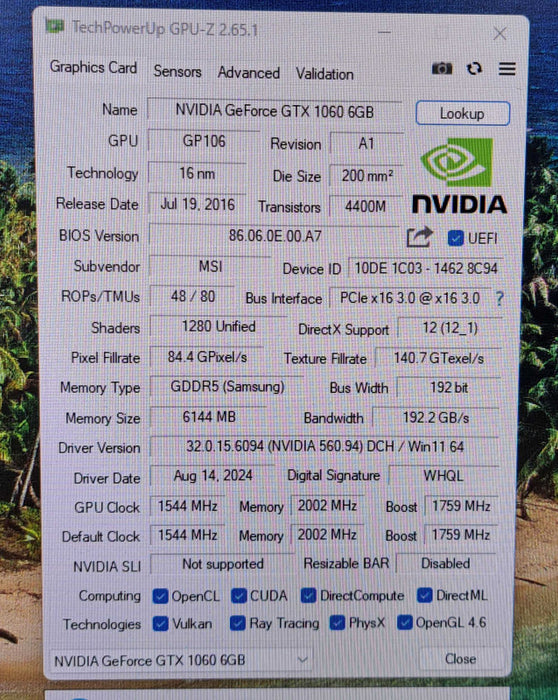 MSI NVIDIA GeForce GTX 1060 6GT OCV1 Graphics Card