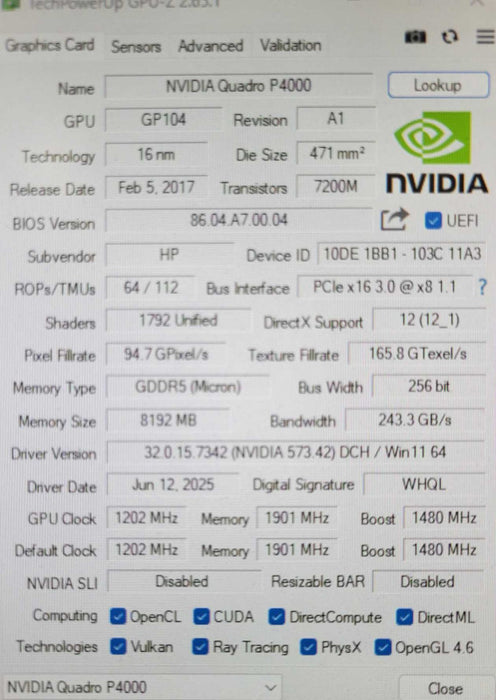 HP/NVIDIA Quadro P4000 8GB GDDR5 x4 DP Video Graphics Card _