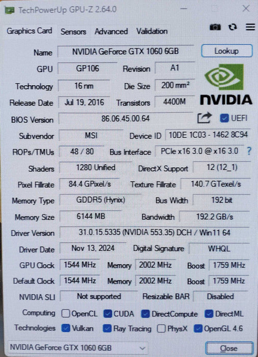 MSI NVIDIA GeForce GTX 1060 6GT OCV1 Graphics Card
