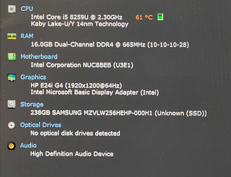Intel NUC BOXNUC8i5BEK4, i5-8259U 2.30GHz, 16GB DDR4, 256GB NVMe