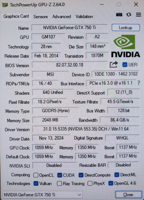 MSI NVIDIA GeForce GTX 750 Ti Twin Frozr 2GB GPU