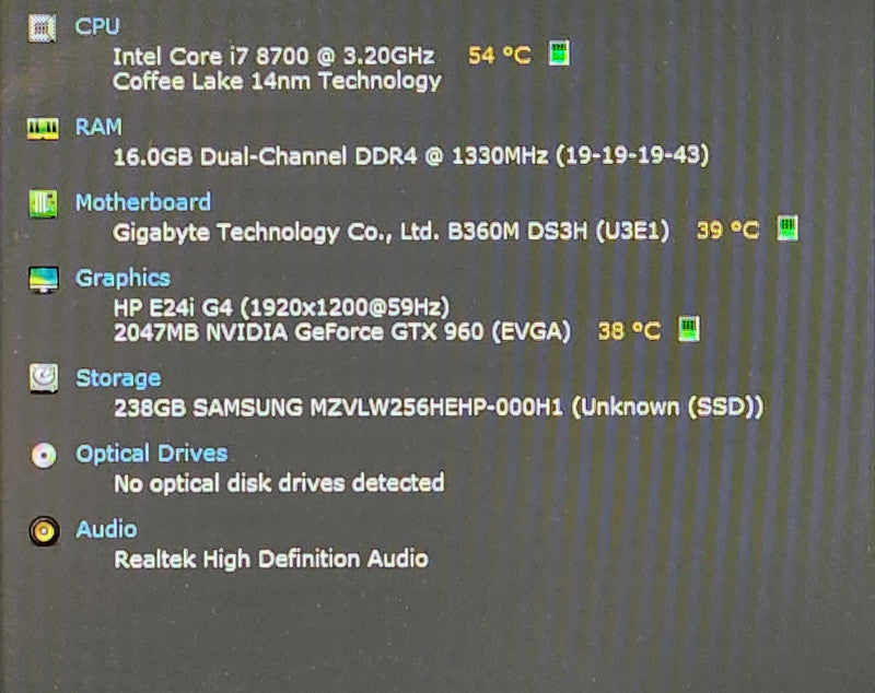 Custom PC, Gigabyte B360M DS3H, i7-8700, 16GB DDR4, 256GB NVMe, GTX960