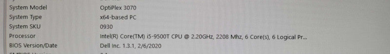 Dell OptiPlex 3070 USFF, Core i5-9500T 2.20GHz 256GB SSD, 8GB RAM WIFI _