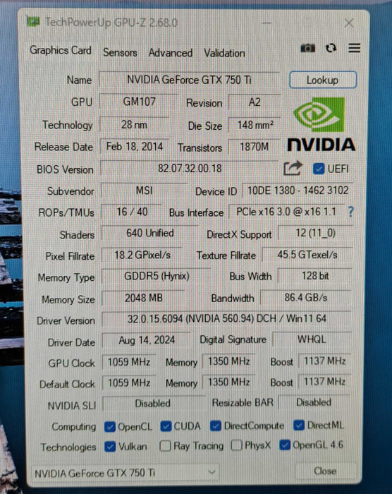 MSI NVIDIA GeForce GTX 750 Ti Video Card GPU N750TI TF 2GD5/OC