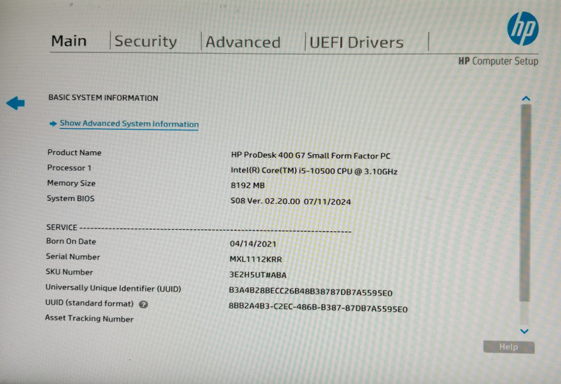 HP ProDesk 400 G7 SFF, Intel i5-10500 CPU 3.10GHz, 8GB RAM - NO HDD
