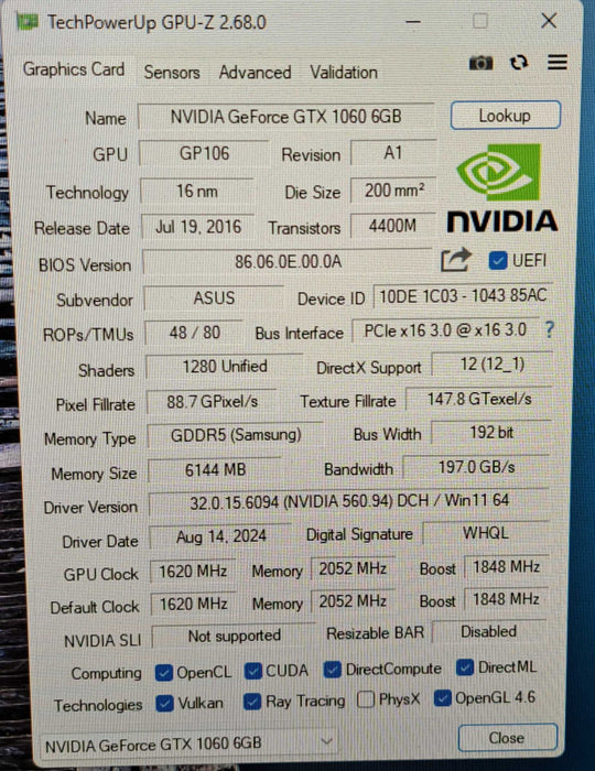 ASUS ROG STRIX GTX 1060 GAMING OC 6GB GDDR5 Graphics Card