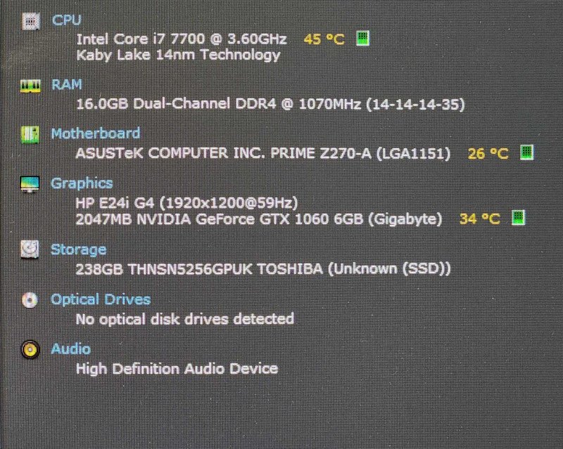 Custom PC, ASUS Z270-A, i7-7700 3.60GHz, 16GB DDR4, 256GB NVMe, GTX1060