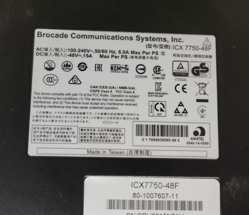 Brocade Ruckus ICX7750-48F 48 10GbE SFP+ ports, 6 10/40GbE QSFP+ 1x PSU _