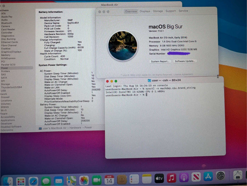 Apple MacBook Air 13" Early 2014 Core i5-4260U@1.4GHz 8GB RAM 128GB SSD