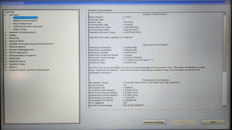 Dell Precision 3551, Core i7-10850H 2.70GHz 32GB DDR4, 256GB NVMe, READ  Lap200
