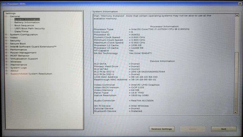 Dell Precision 3551, Core i7-10850H 2.70GHz 32GB DDR4, 256GB NVMe, READ  Lap200