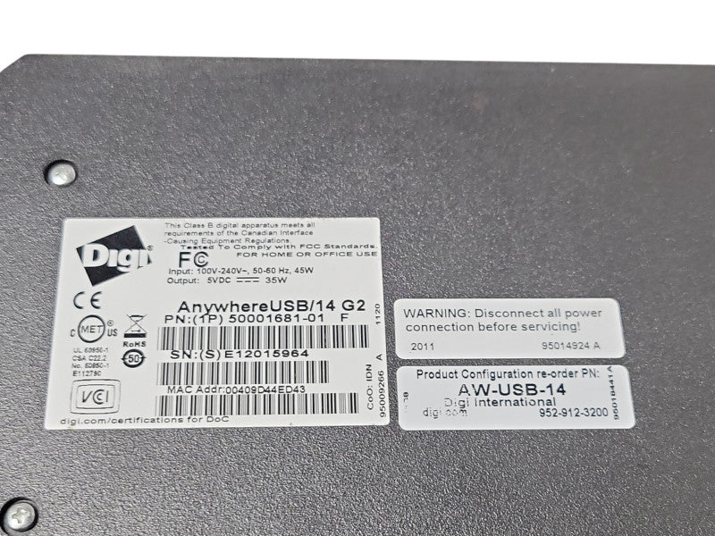 Digi AnywhereUSB/14 G2 50001681-01 AW-USB-14 w/ Rack mount ears _