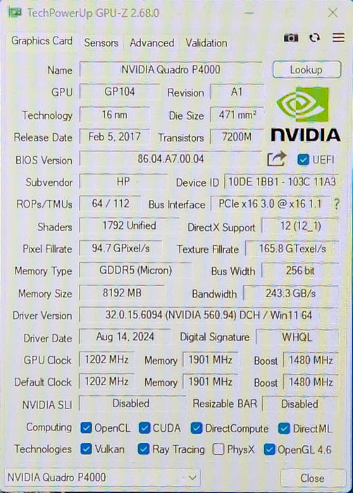 NVIDIA Quadro P4000 8GB GDDR5 Graphics Card 4x DisplayPort