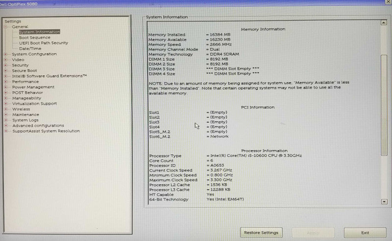 Dell OptiPlex 5080 Tower, Intel i5-10600 CPU 3.30GHz, 16GB RAM - No HDD