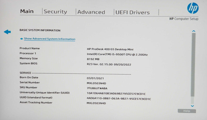 HP ProDesk 400 G5 USFF, Intel i5-9500T CPU 2.20GHz, 8GB RAM - No HDD