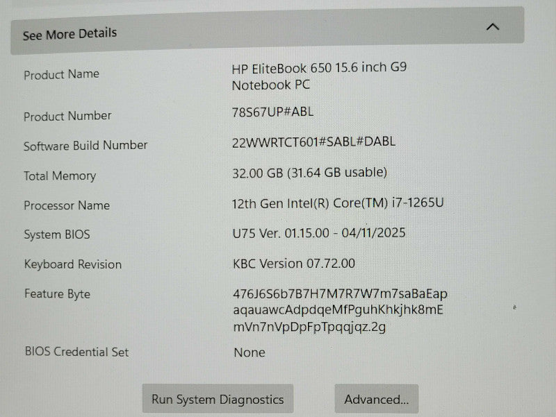 HP EliteBook 650 15.6" G9, Core I7-1265U 1.8GHz, 32GB DDR4, 256GB nVME _ Lap200