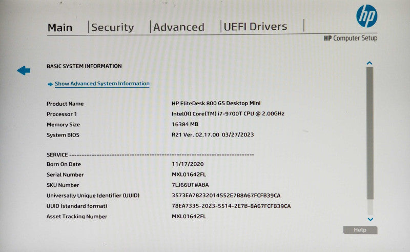 HP EliteDesk 800 G5 USFF, Intel core i7-9700T CPU 2.00GHz 16GB RAM - No HDD