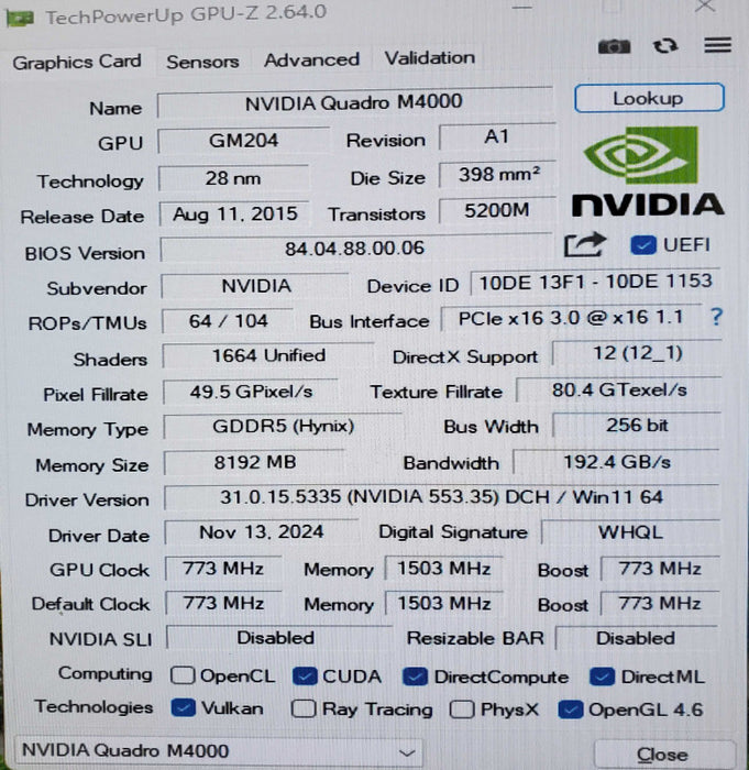 NVIDIA Quadro M4000 8GB GDDR5 Graphics Card 4x Display Port