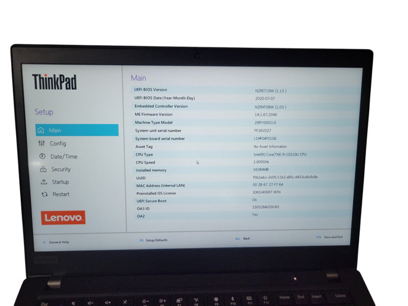 Lenovo ThinkPad T490 - Core i5-10210U 16GB DDR4 256GB NVMe  % Lap200