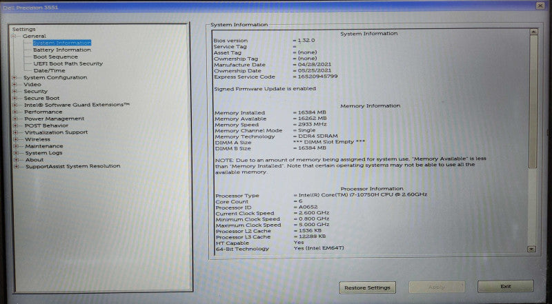 Dell Precision 3551, i7-10750H 2.70GHz, 16GB DDR4, 256GB NVMe, P620, READ  Lap200