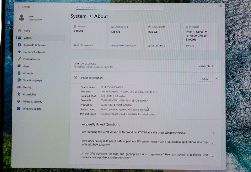 HP ProDesk 600 G6 SFF Core i5-10500@3.1GHz 16GB RAM 256GB M.2 SSD