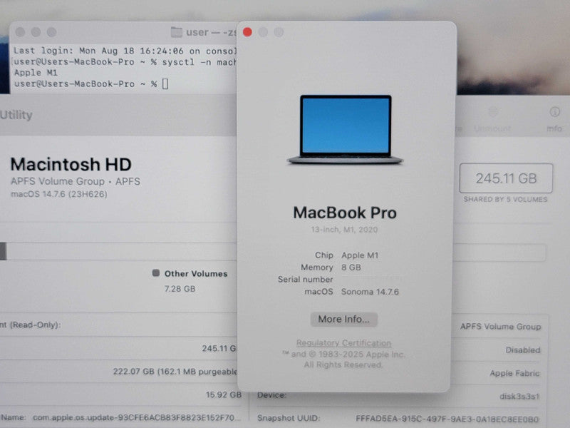 Apple Macbook Pro 2020 13" 8-Core M1 @ 3.2GHz 16GB RAM 250GB SSD