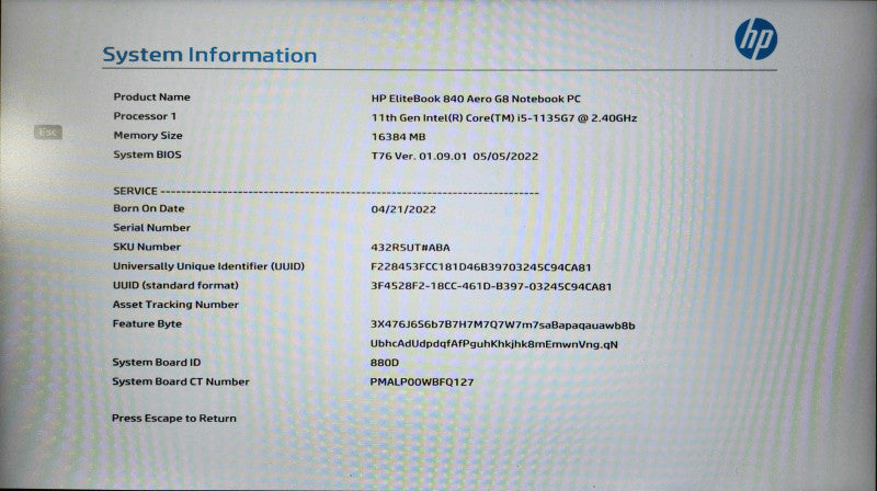 HP EliteBook 840 Aero G8, i5-1135G7 2.4GHz, 16GB DDR4, 256GB NVMe  Lap200