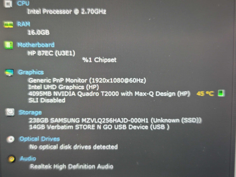 HP ZBook Power 15 i7-10850H 16GB DDR4 Quadro T2000 256GB SSD *PARTS*  Lap200