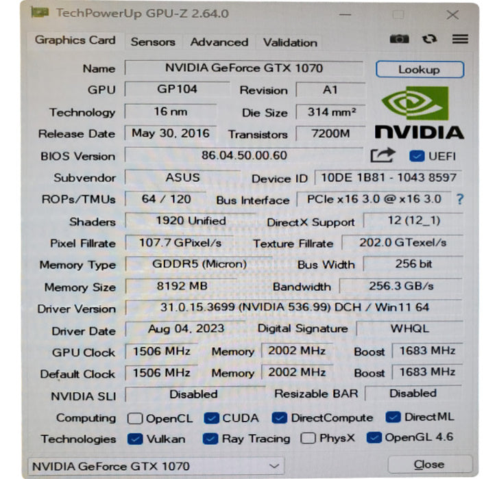 ASUS NVIDIA GTX 1070 8GB Graphics Card - 2xDP 2xHDMI 1xDVI