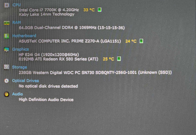 Custom PC, ASUS PRIME Z270-A w/ i7-7700K, 64GB DDR4, 256GB NVMe, RX580