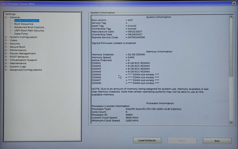 Dell Precision 5810, E5-1650v4 3.60GHz, 32GB DDR4, K2200, No HDD