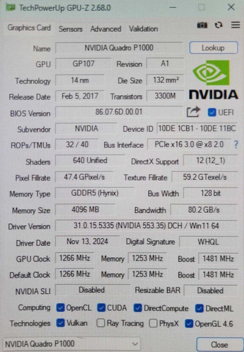 NVIDIA Quadro P1000 4GB DDR5 Graphics Card Low Profile Full Bracket _