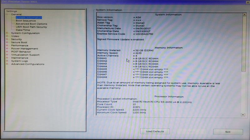 Dell Precision T5810 Xeon E5-2630 v4 32GB DDR4 K2200 - No HDD Q