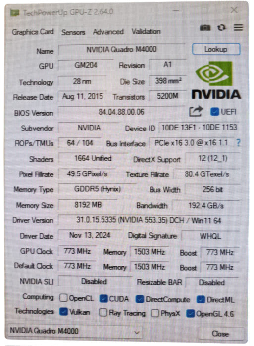 NVIDIA Quadro M4000 8GB GDDR5 Graphics Card 4x Display Port