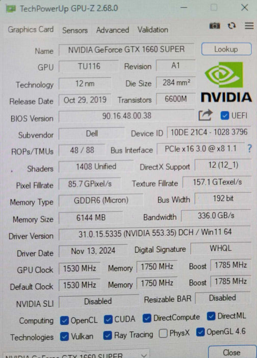 Nvidia GeForce GTX 1660 Super 6GB GDDR6 Display/HDMI/DVI _