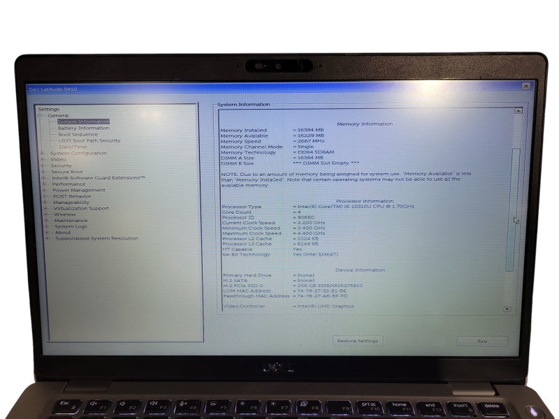 Dell Latitude 5410 | Core i5-10310U @1.70GHz, 16GB DDR4, 256GB NVMe READ ! Lap200