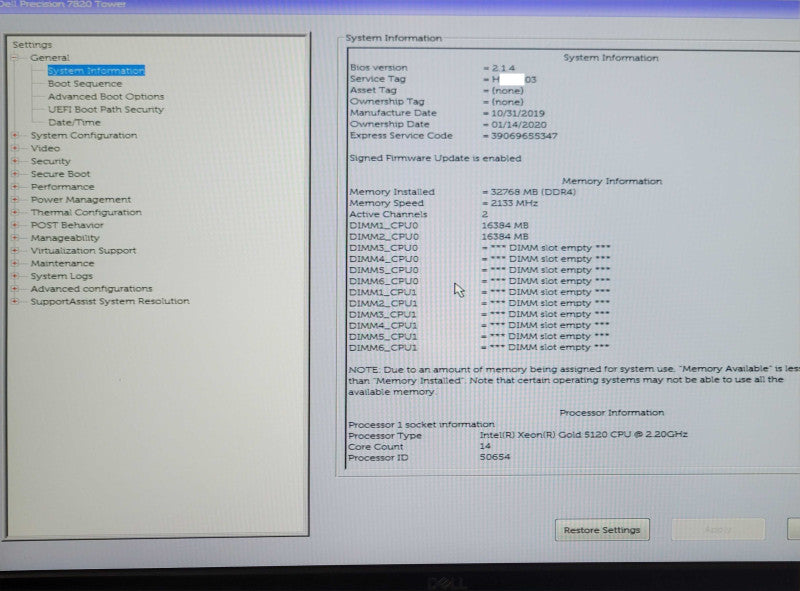 Dell Precision 7820, Xeon Gold 5120 2.20GHz, 32GB DDR4, 950W PSU, 2TB HDD _